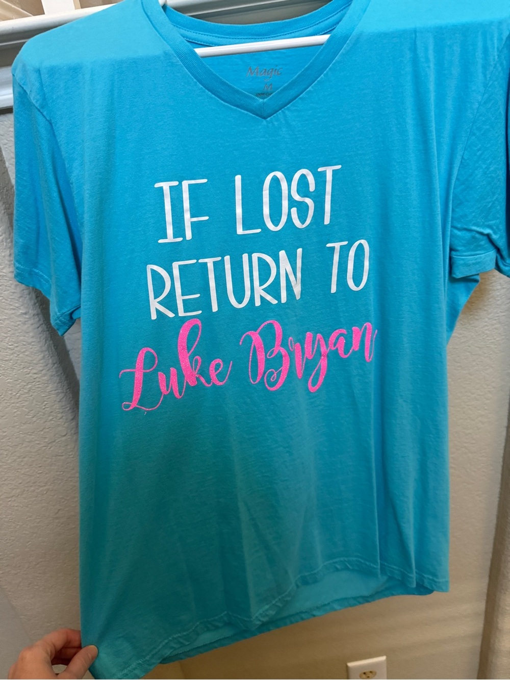 Magic Turquoise V-Neck Tee with Pink Script